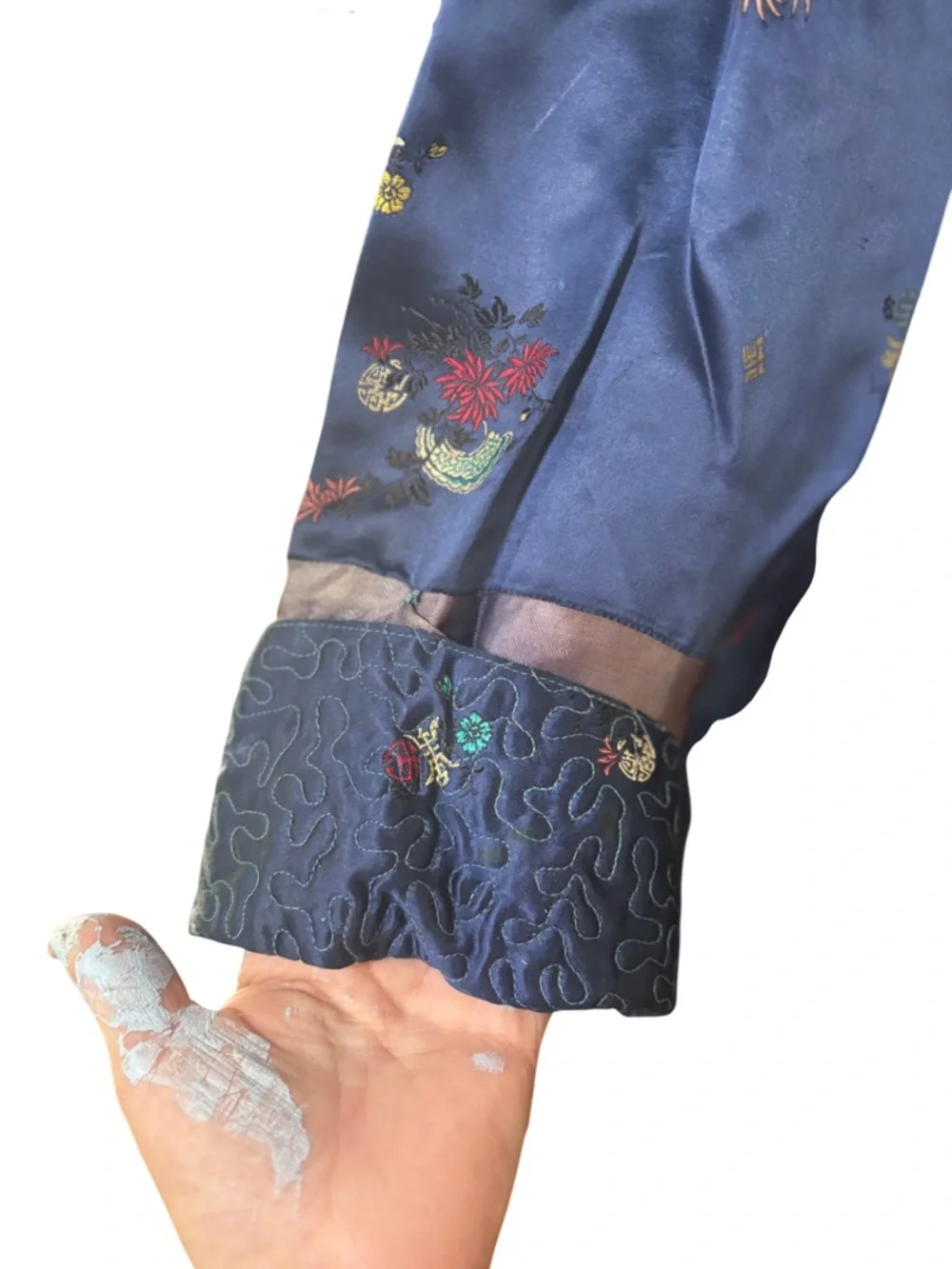 vintage Peony Brand Shanghai China embroidered blue brocade robe - Picture 5 of 13